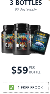 3 bottles of IQ Blast Pro. $59 per bottle, 90 day supply.  1 free  ebook