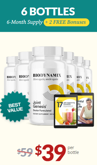 6 bottles of Biodynamix Joint Genesis, 6 month supply. $39 per bottle, 2 free bonuses