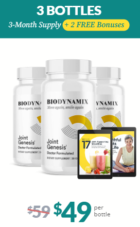 3 bottles of Biodynamix Joint Genesis, 3 month supply. $49 per bottle, 2 free bonuses