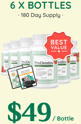 6 bottles of ProDentim. $49 per bottle, 180 day supply, plus 2 free ebooks. Best Value