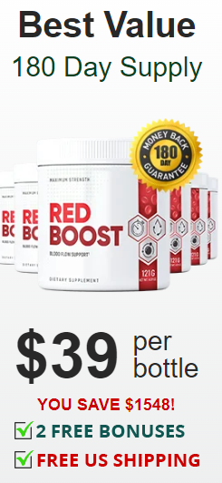 6 bottles of Red Boost. $39 per bottle, 180 day supply, plus 2 free bonuses, free shipping, 180 day money back guarantee. Best Value.