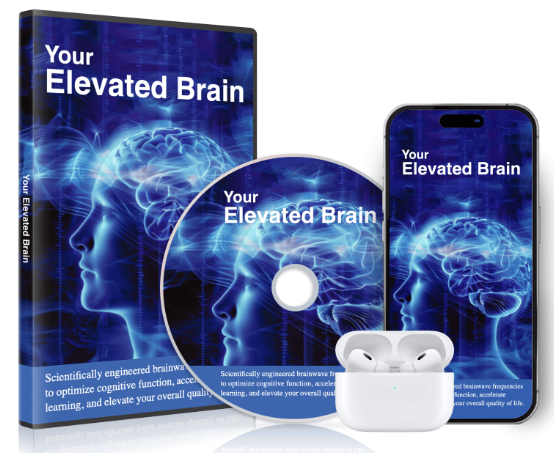 Pictures of Your Elevated Brain concept on CD and phone app. Ear pod listening devices