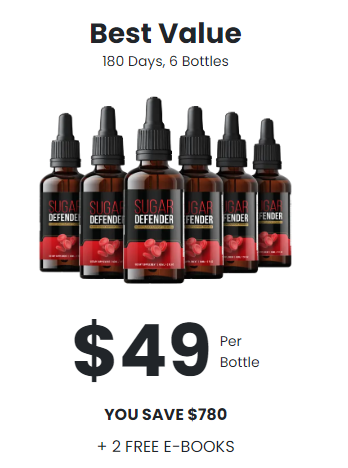 6 bottles of Sugar Defender. $49 per bottle, 180 day supply, plus 2 free ebooks. Best Value.