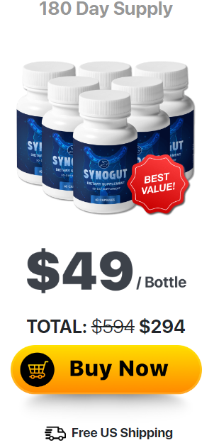 6 bottles of SynoGut. $49 per bottle, 180 day supply. Free US shipping