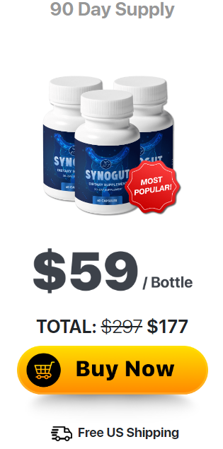 3 bottles of SynoGut. $59 per bottle, 90 day supply. Free US shipping